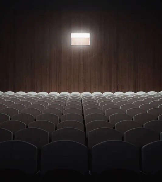 Empty old theater with rows of seats and projector light.3d rendering