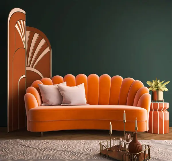 Art Deco Wnętrza Klasycznym Stylu Pomarańczową Sofą Renderowania Zdjęcia Stockowe bez tantiem