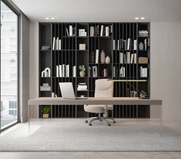 Arbeitszimmer Modernen Luxus Stil Mit Holztisch Rendering — Stockfoto