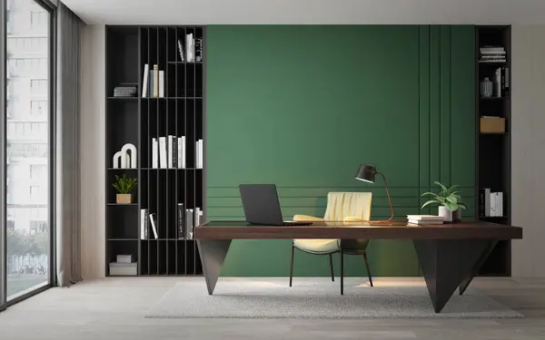Sala Lavoro Stile Moderno Con Scrivania Legno Rendering Wall Verde — Foto Stock