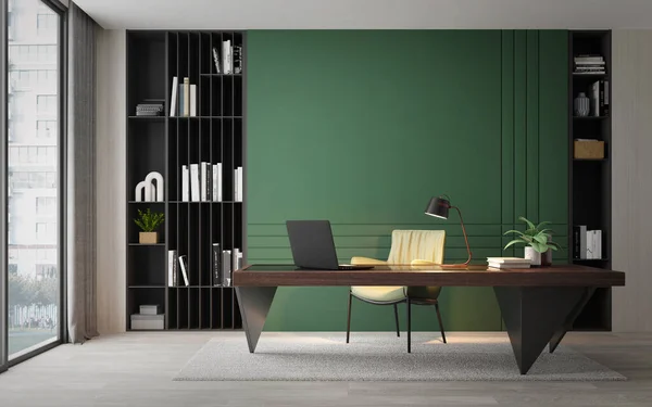 Arbeitszimmer Moderner Stil Mit Holztisch Und Grüner Wand Rendering Stockbild