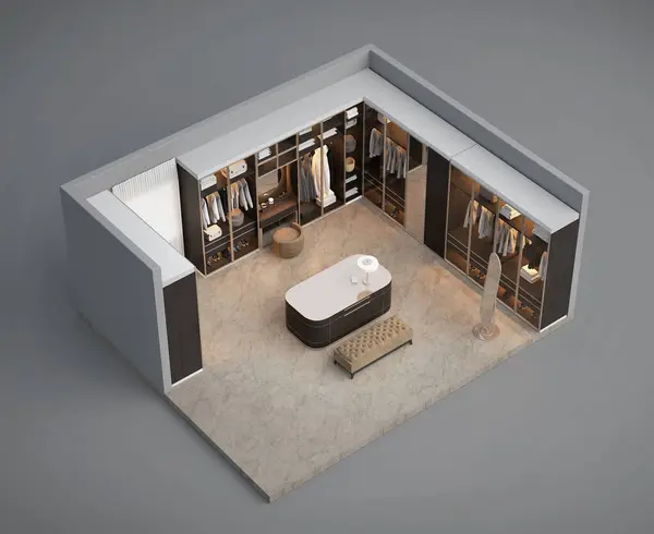 Isometric view of Luxury walk in closet interior with wood and gold elements.3d rendering