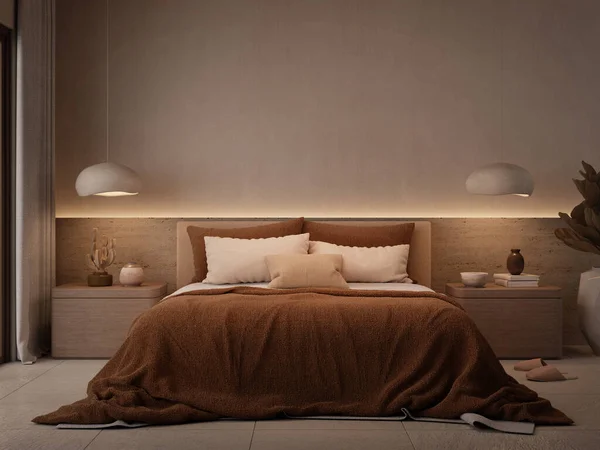Bedroom interior with lighting.Brown bedding design. 3d rendering