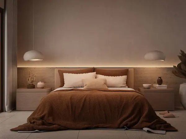 Innenausstattung Des Schlafzimmers Mit Beleuchtung Bettwäsche Braun Darstellung Stockfoto