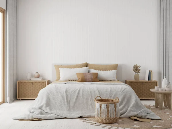 White Boho Schlafzimmer Mit Holz Und Rattanmöbeln Darstellung lizenzfreie Stockbilder