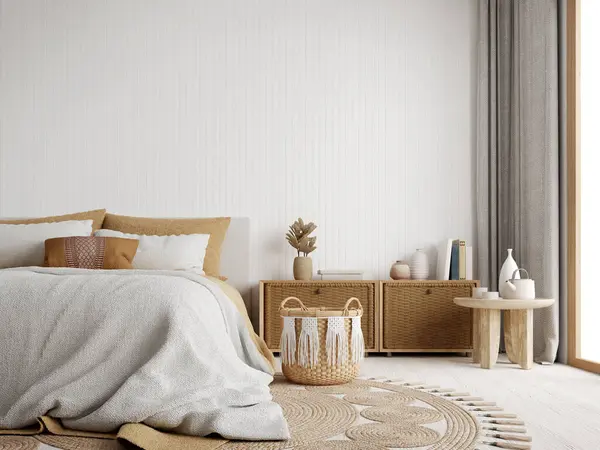 White Boho Schlafzimmer Mit Holz Und Rattanmöbeln Darstellung lizenzfreie Stockfotos