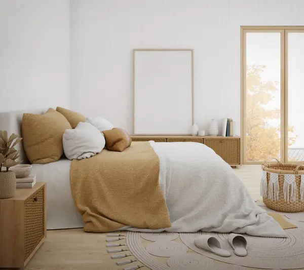 Weiße Boho Schlafzimmer Mit Holzmöbeln Und Leerem Bilderrahmen Darstellung Stockbild