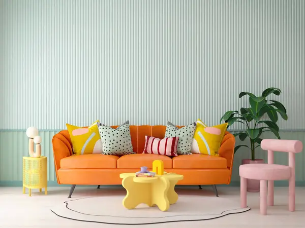 Salon Nowoczesnym Stylu Pomarańczową Sofą Różowym Krzesłem Zielonym Tle Ściany Zdjęcie Stockowe
