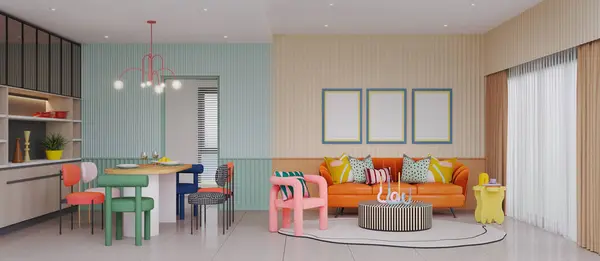 Panorama Des Farbenfrohen Wohn Und Essbereichs Mit Sofa Sessel Rendering Stockfoto