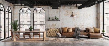 Endüstriyel oturma ve yemek odası. Kanepe ve tuğla duvarlı. Panorama manzaralı.