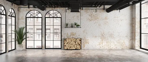 Leerer Raum Industrial Loft Stil Interieur Mit Ziegelwand Panorama View Stockbild