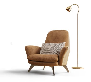 Yastıklı ve zemin lambalı deri koltuk. İzole edilmiş 3D.