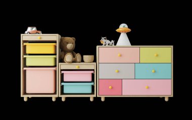 Çocuk odası oyuncaklarıyla dolu renkli bir dolap.