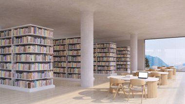 Masaları ve sandalyeleri olan modern kütüphane.