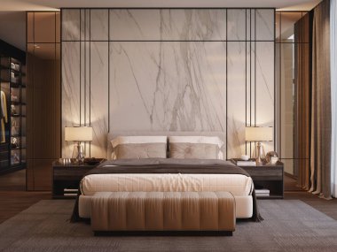 Lüks yatak odası, modern tarzda, mermer 3D işlemeli.