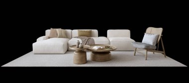 Oturma odası için beyaz kanepeli ahşap sandalye ve masa. İzole edilmiş PNG3d oluşturma