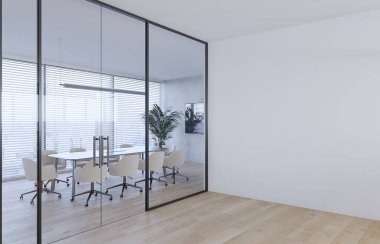 Ofisteki toplantı odası. Modern tarzda. Boş beyaz duvar 3D çizimi.