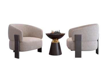 Arka planda izole edilmiş beyaz koltuk ve masa