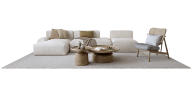 Oturma odası için beyaz kanepeli ahşap sandalye ve masa. İzole edilmiş PNG3d oluşturma