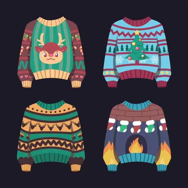様々なパターンを持つ醜いクリスマスのセーターのセット — ストックベクタ