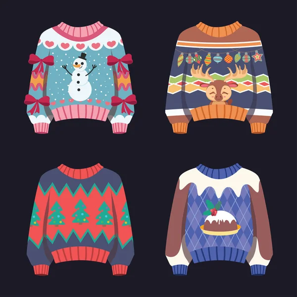 カラフルなパターンで設定された醜いクリスマスセーター — ストックベクタ