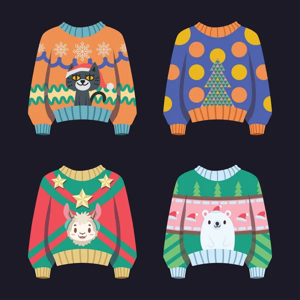 一套四件丑陋的圣诞毛衣 — 图库矢量图片