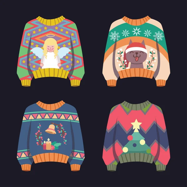 複数の色のパターンを持つ醜いクリスマスセーターのセット — ストックベクタ