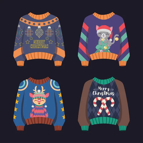 お祝いのパターンを持つ醜いクリスマスのセーターのセット — ストックベクタ