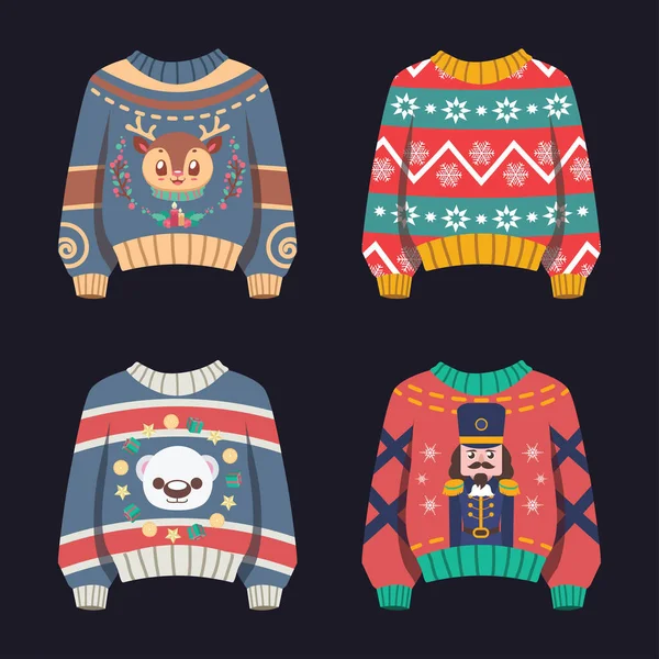 かわいい柄の醜いクリスマスのセーターのセット — ストックベクタ