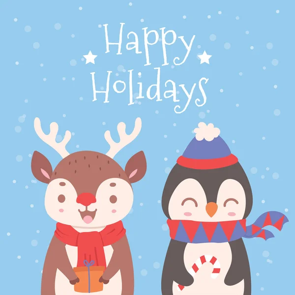 Joyeuses Fêtes Saluant Avec Renne Pingouin Heureux — Image vectorielle