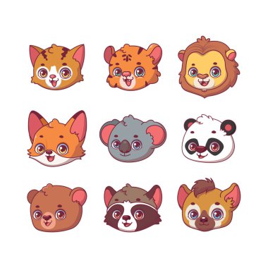 Collection of nine various animal species faces including cat, tiger, lion, fox, koala, panda, bear, raccoon, hyena