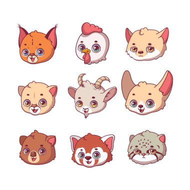 Collection of nine animal faces including caracal, rooster, tibetan sand fox, puma, goat, fennec fox, quokka, red panda, manul