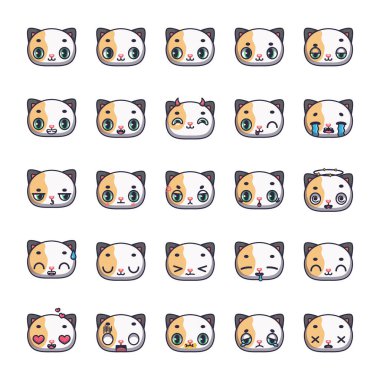 Set of 25 calico cat avatars with various facial expressions, emotes