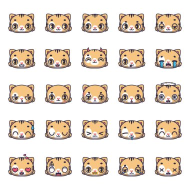 Set of 25 orange cat avatars with various facial expressions, emotes