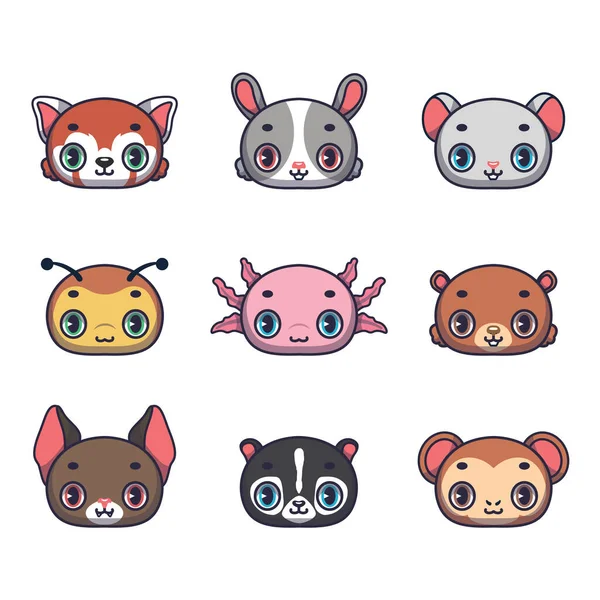 Collection Nine Animals Including Red Panda Rabbit Mouse Bee Axolotl — ストックベクタ