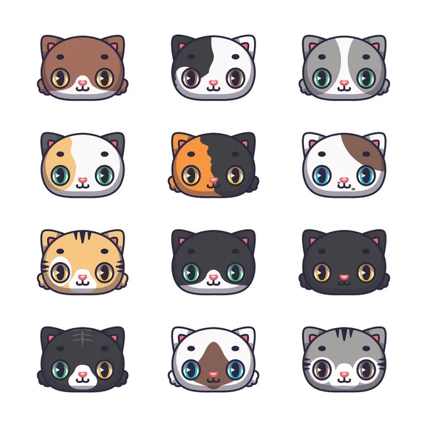 Collection Twelve Cute Cats Various Coat Colors — Stockvector
