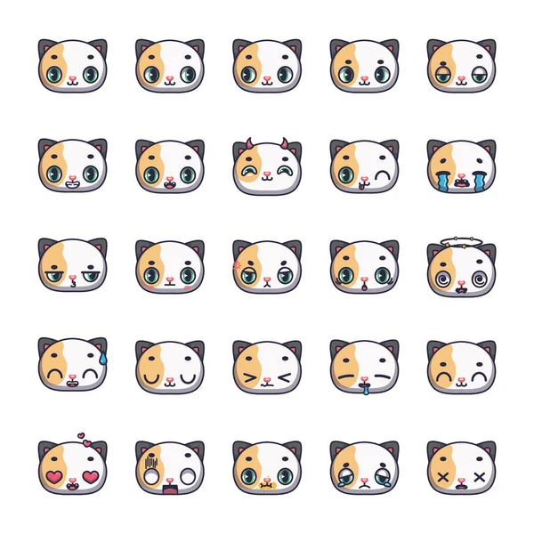 Set Calico Cat Avatars Various Facial Expressions Emotes — Wektor stockowy