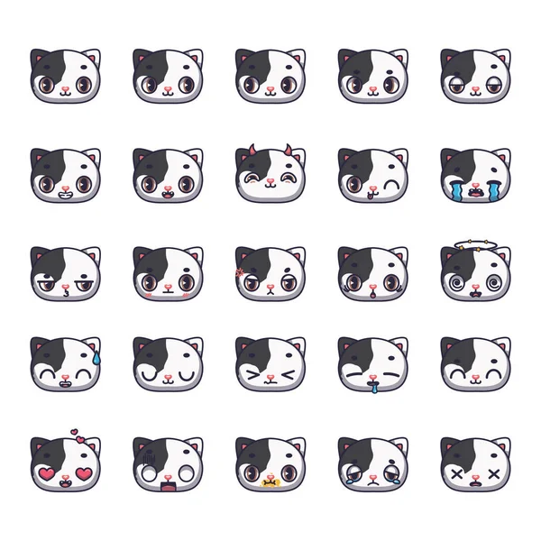 Set Bicolor Cat Avatars Various Facial Expressions Emotes — Wektor stockowy