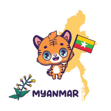 Myanmar bayrağını taşıyan ulusal hayvan kaplanı. Ulusal çiçek padauk sol altta gösterilir