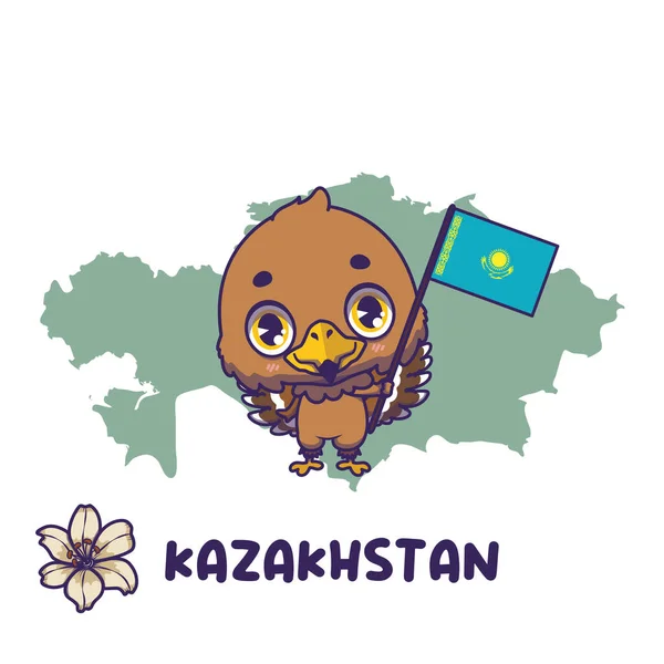National Animal Steppe Eagle Holding Flag Kazakhstan National Flower Lily — Stock Vector