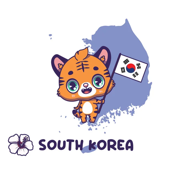 National Animal Tiger Holding Flag South Korea National Flower Hibiscus — Stock Vector
