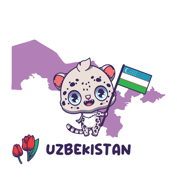 ウズベキスタンの国旗を掲げた国立動物雪ヒョウ 左下に表示される国花チューリップ — ストックベクタ