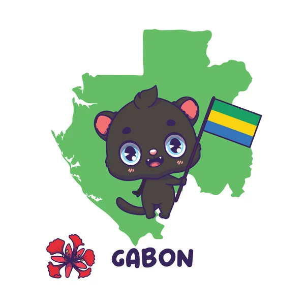 Gabon Bayrağını Taşıyan Ulusal Hayvan Kara Panteri Delonix Ulusal Çiçek — Stok Vektör