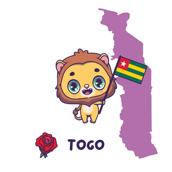 トーゴの旗を掲げた国立動物ライオン 左下に国花が咲きます — ストックベクタ