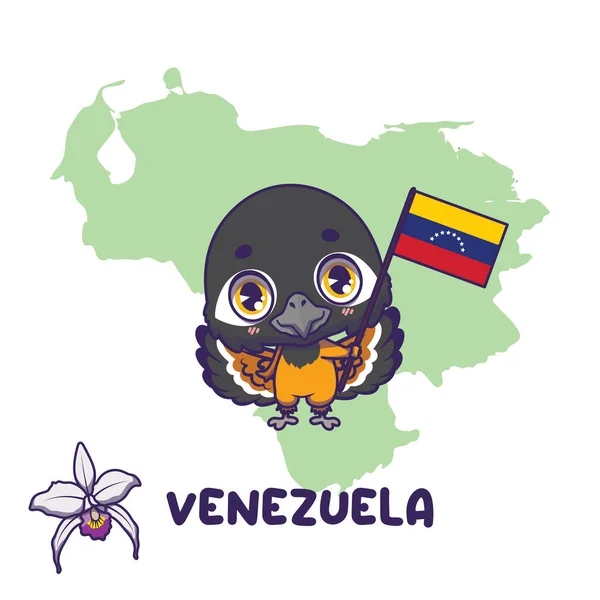 Problema Nacional Animal Con Bandera Venezuela Flor Nacional Cattleya Mossiae — Vector de stock