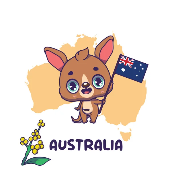 National Animal Kangaroo Holding Flag Australia National Flower Golden Wattle — Stock Vector