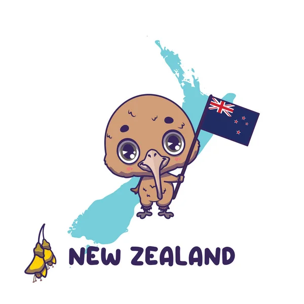 Kiwi Animal Nacional Segurando Bandeira Nova Zelândia Flor Nacional Kowhai —  Vetores de Stock