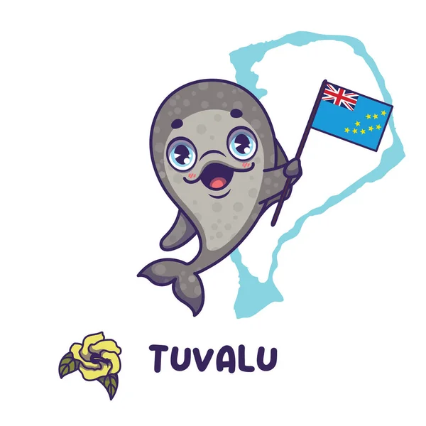 Pantropical Animal Nacional Manchado Golfinho Segurando Bandeira Tuvalu Hibisco Flor —  Vetores de Stock