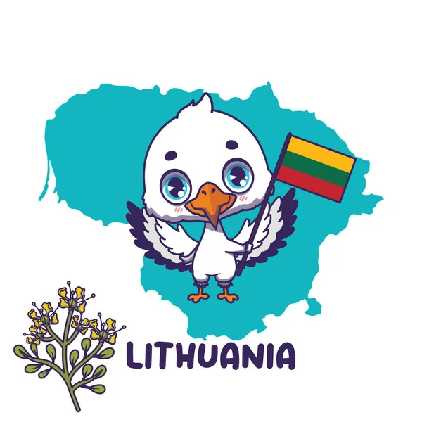 Litvanya Bayrağını Taşıyan Ulusal Bir Leylek Sol Altta Ulusal Çiçek — Stok Vektör
