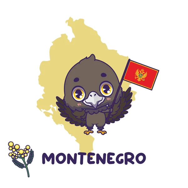 モンテネグロの国旗を掲げた国立動物鷲 左下に表示される国花ミモザ — ストックベクタ